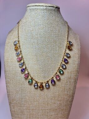 Rainbow color Teardrop Faux Crystal Statement Necklace Gold Tone Adjustable